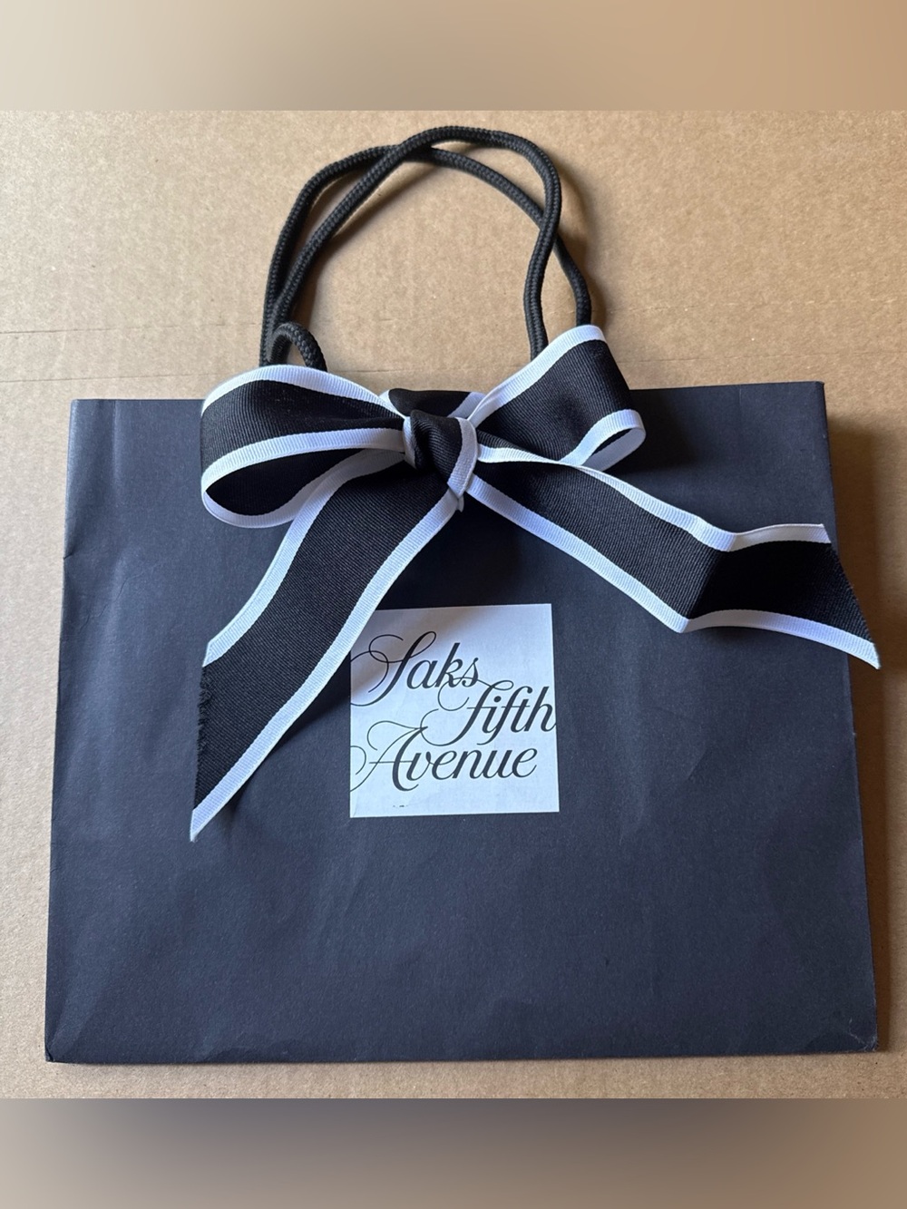 SAKS Fifth Avenue Shopping Paper Gift Bag Black 10.5" X 9" X 5.5"  With Ribbon